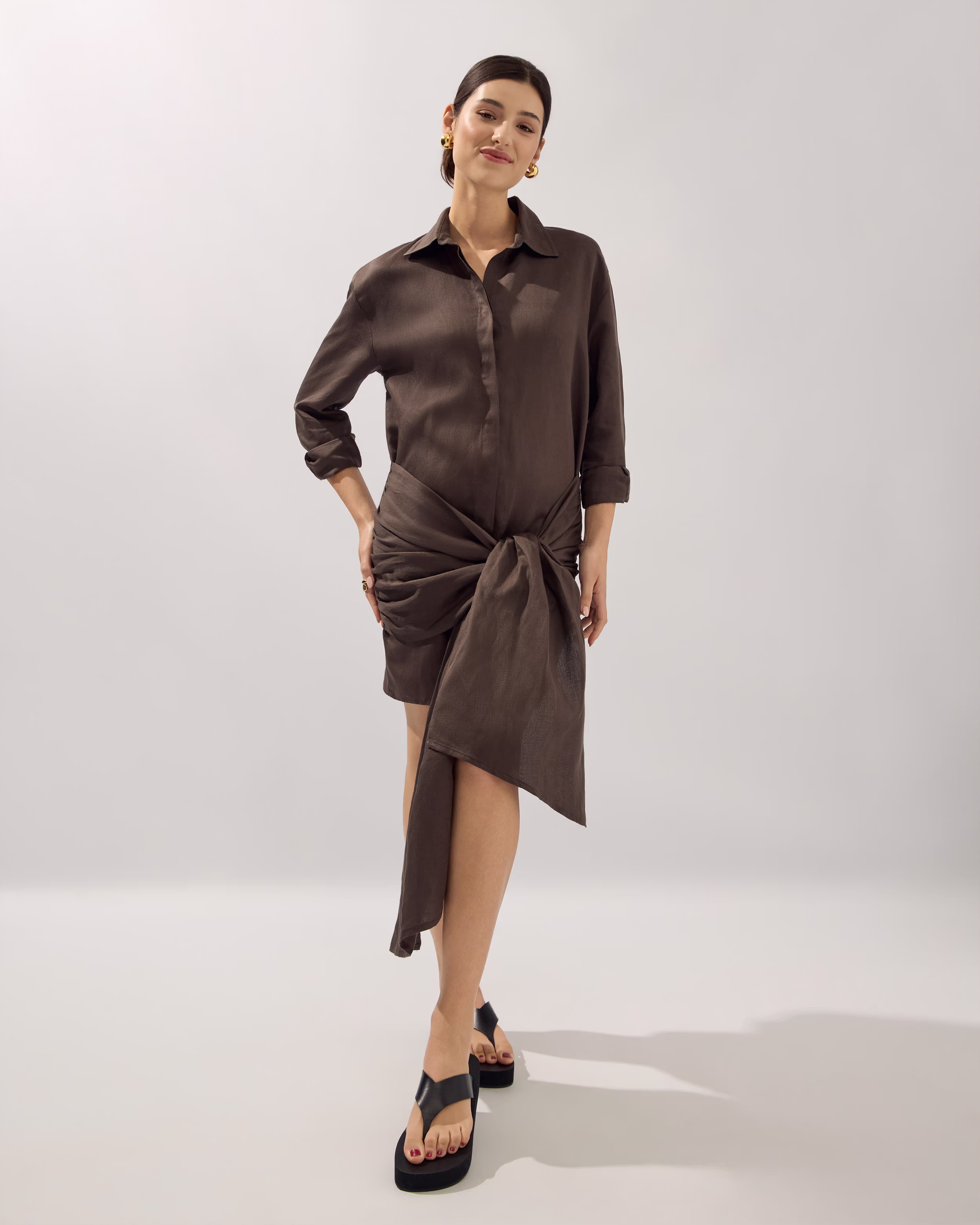 Chocolate linen shirt dress front