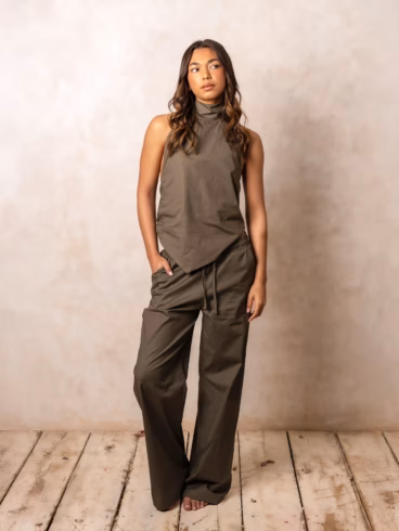 Khaki Trouser & Tie Up Top Two Piece