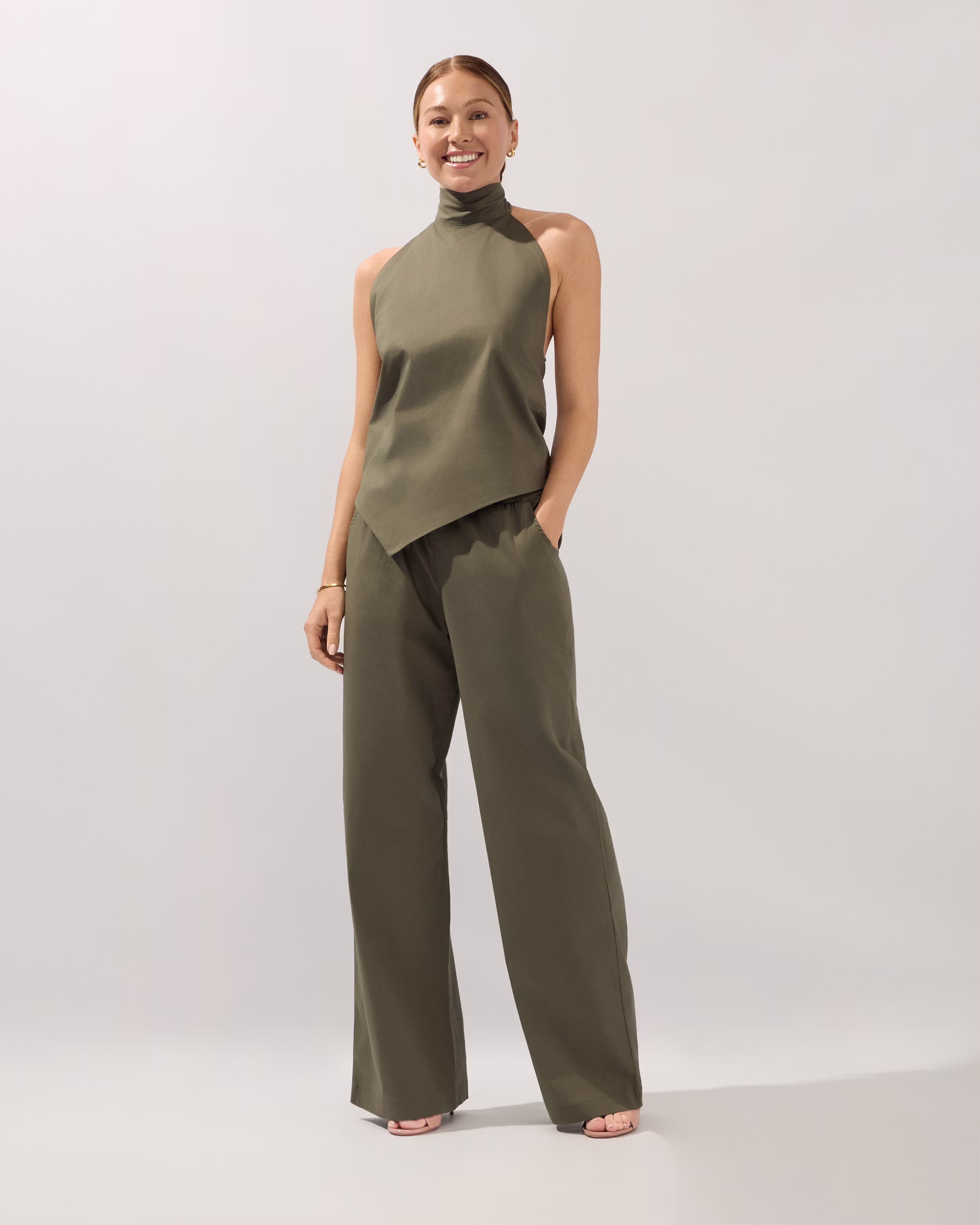 Olive halter top and wide-leg trouser